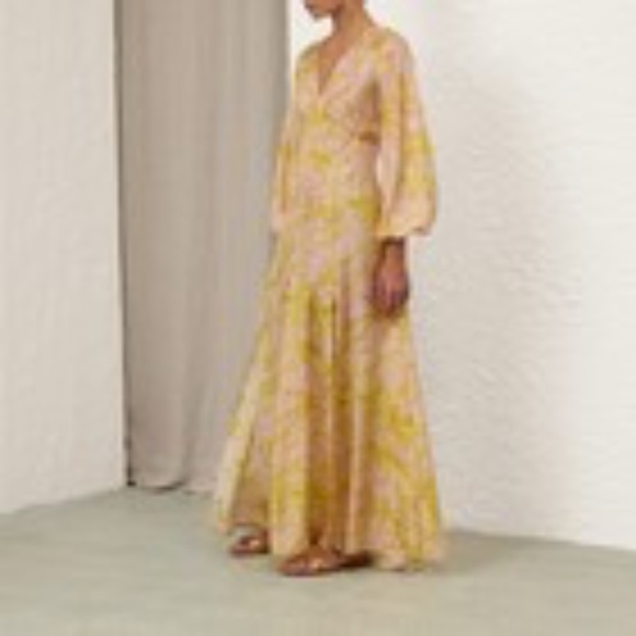 Zimmermann Golden Tropical Floral Long Sleeve Silk Maxi Dress Pink Yellow  NEW - Picture 3 of 6